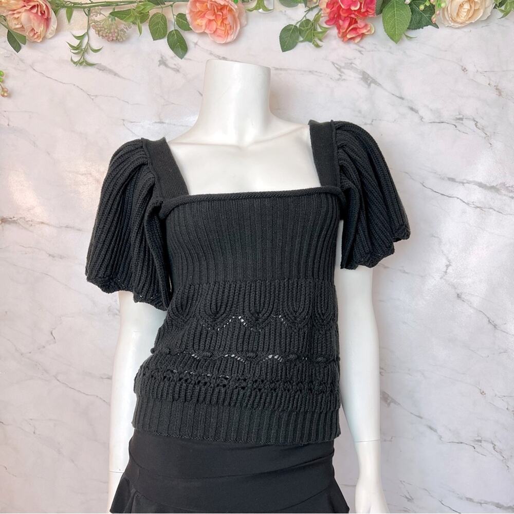 Entro Chunky Cable Knit Puff Ruffle Sleeve Square Neck Sweater Top Black Large
